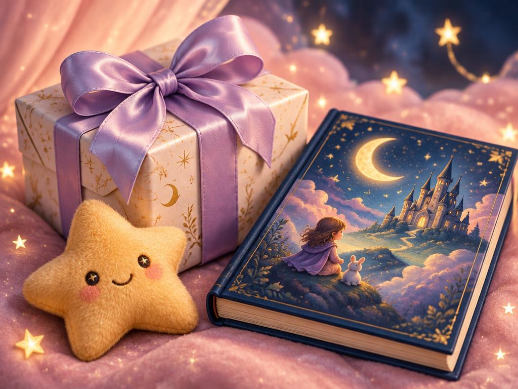 A ribboned gift box beside a hardcover storybook and a plush star