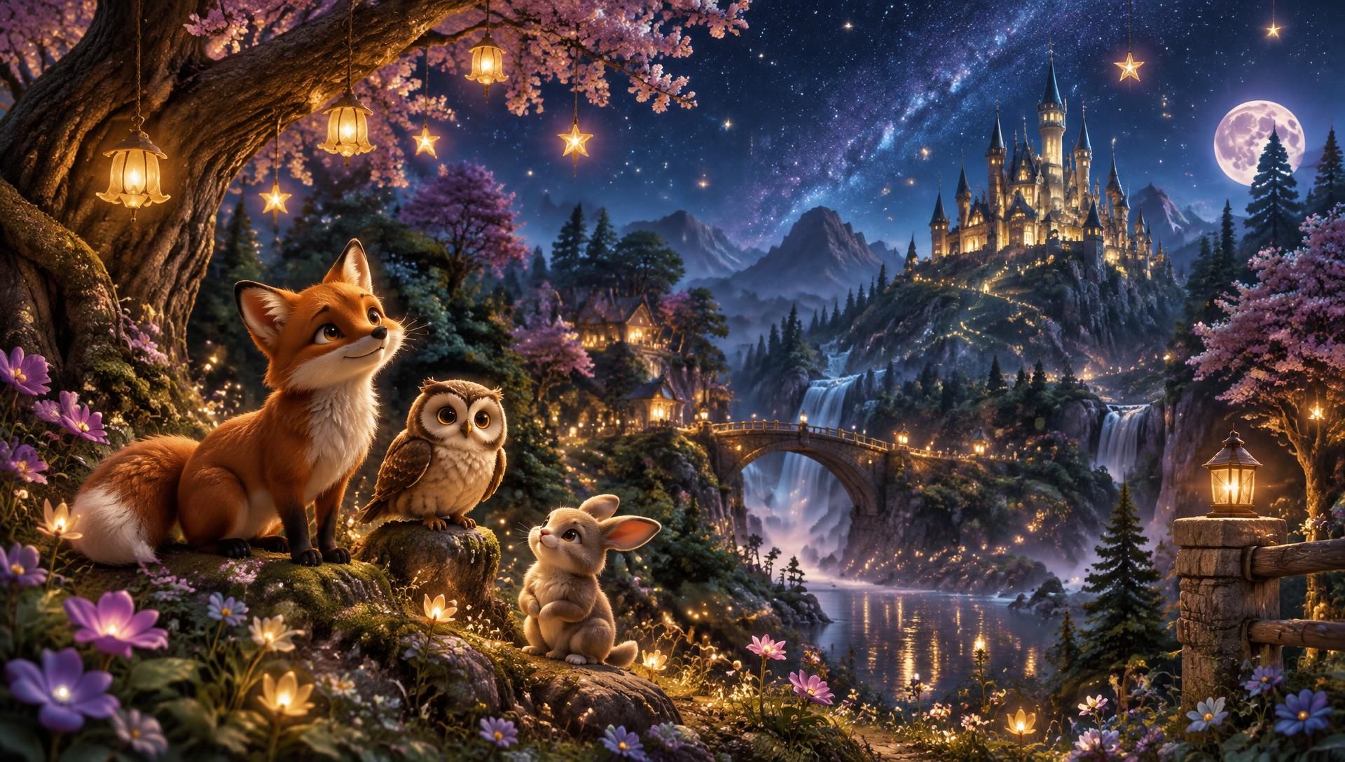 An enchanted night forest with glowing trees, a fox, owl and bunny gazing toward a distant lit castle